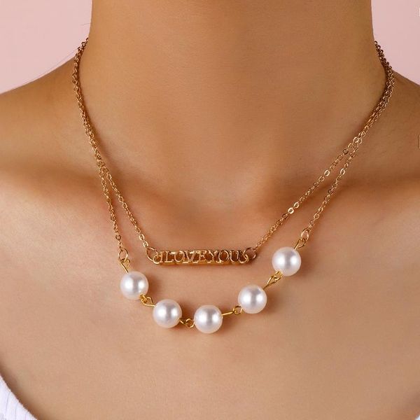 

chains accessories european and american pearl necklace, personality double-layer clavicle chain letter short necklace female, Silver
