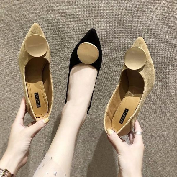 

dress shoes pointed toe circle buckle ladies pumps thin high heels solid flock slip on shallow women woman, Black
