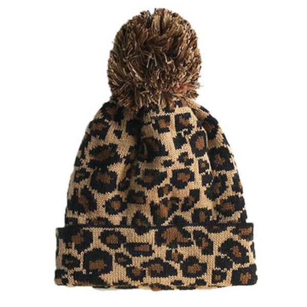 Beanie/Totenkopfkappen Herbst und Winter warme Mode Persönlichkeit Leopardenmuster große Kugel Strickwolle Ärmel Kopf Bördelmütze