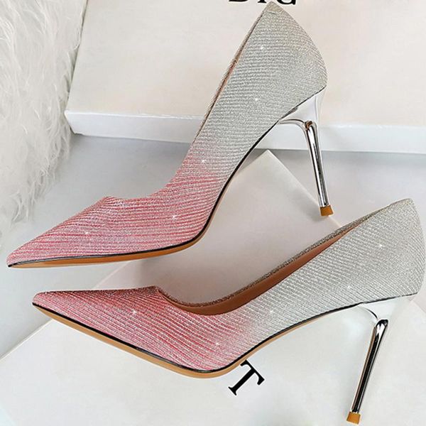 

dress shoes 2021 spring autumn fashion women pink rainbow 9cm thin high heels escarpins pumps sequin bling bridal valentine, Black