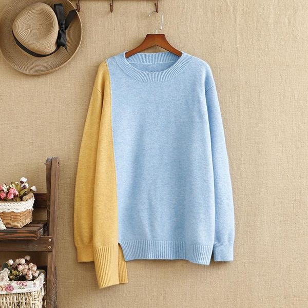 

plus size t-shirt sweater for women asymmetric splicing knitted cotton fabric round neck long sleeve large top, Black