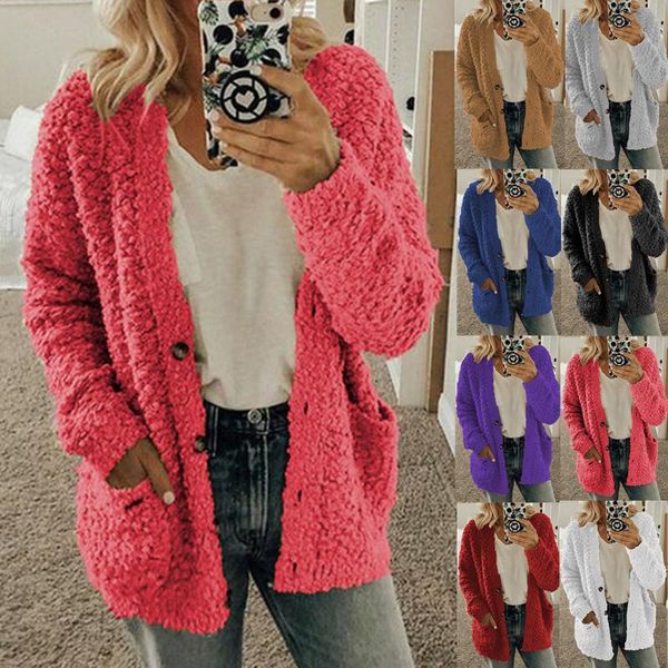 

women's wool & blends elegant faux fur coat women 2021 autumn winter warm soft button jacket female plush overcoat pocket casual teddy, Black