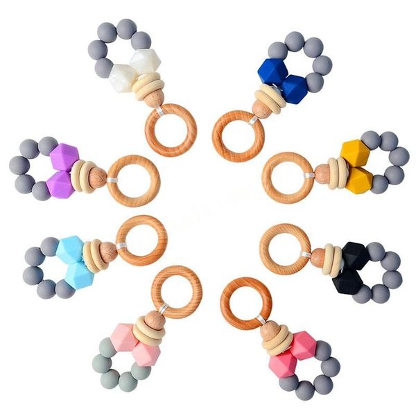 

beech wood baby teethers toys rattle silicone beads infant soothers feeding accessories newborn nursing teethers