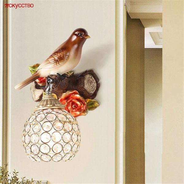 

european style cottagecore decor resin bird flowers wall lamp for hallway loft stairs bedroom bedside sconce country led lights