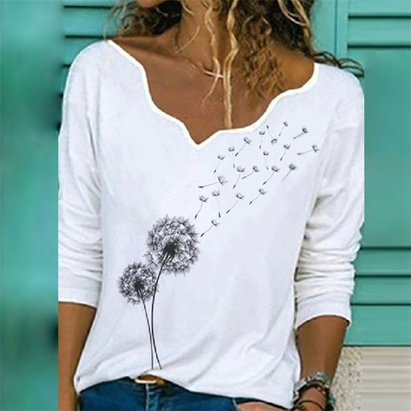 

women v neck blouse shirt autumn long sleeve blusas casual floral print loose shirt pullover streetwear plus size 210225, White