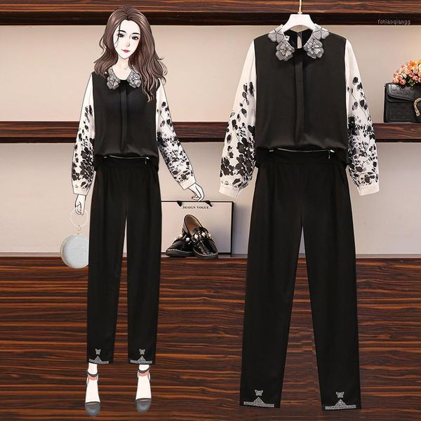 

women's tracksuits 2021 fall large size printed chiffon stitching drilling blouse pants woman two-piece outfit floral sleeve, Gray