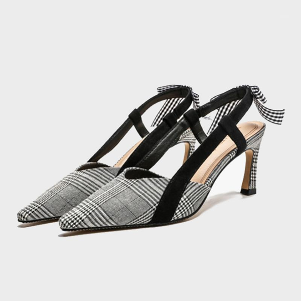 

sandals for summer small pointed toe plaid fashion high-heeled bow knot women's all-match almond shoes women11, Black