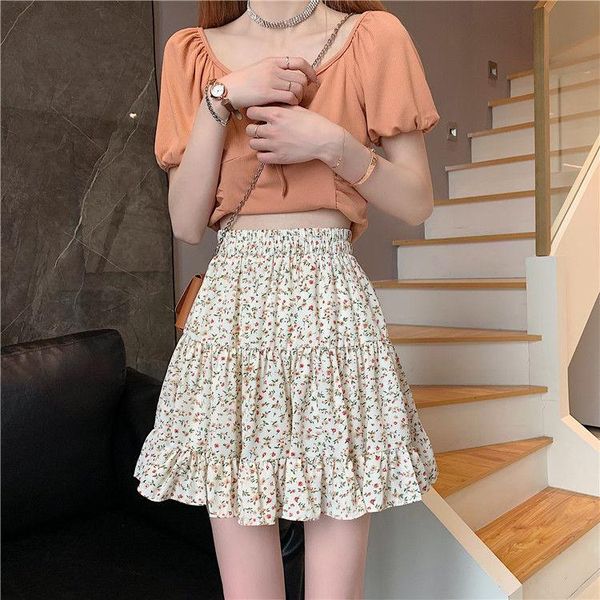 

skirts retro floral skirt for women's summer 2021 korean lotus leaf age reducing sweet elastic waist a-line short, Black