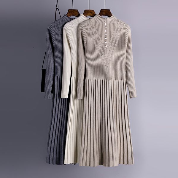 

2021 new chic long knit maxi women sweater thick warm winter pleated female rib turtleneck a line office lady 1h3i, Black;gray