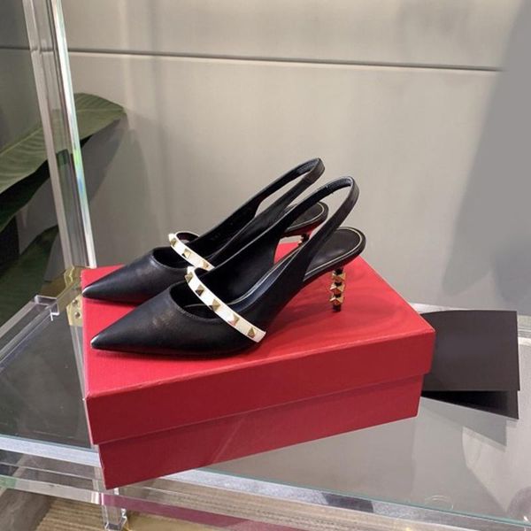 

dress shoes 2021 designer luxry women 7cm high heel pointed toe sandals with rivets genuine leather lady wedding 34-41 v dust bag, Black