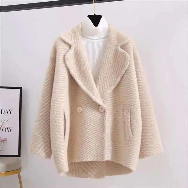 

women's wool & blends fashion stripe imitation mink coat short thickened thin autumn winter loose sweater cardigan, Black