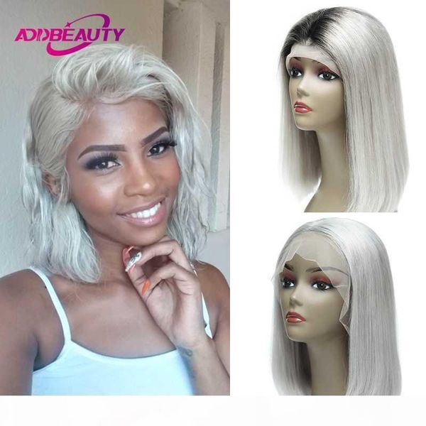 

silver white ombre 1b gray 13x6 lace front human hair short bob wigs for black women colored colorful middle part straight remy, Black;brown