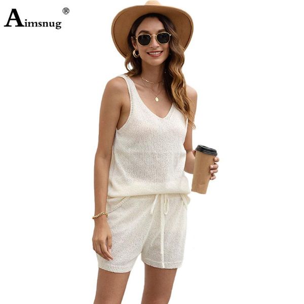

aimsnug 2021 summer solid white casual knitted tank n short pants set drawstring sleeveless women v-neck two piece outfits, Gray