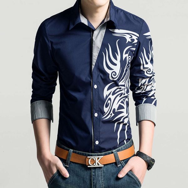 

new slim dragon print trend long sleeve youth spring fashion men's shirt c03, White;black