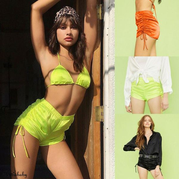 

yoga outfits style women shorts satin solid drawstring casual jogging summer high waist fitness fashion 2021, White;red