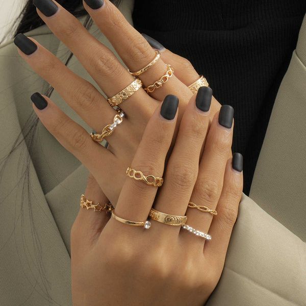 

jewelry hollow geometric set creative mix printing diamond chain ring, Silver