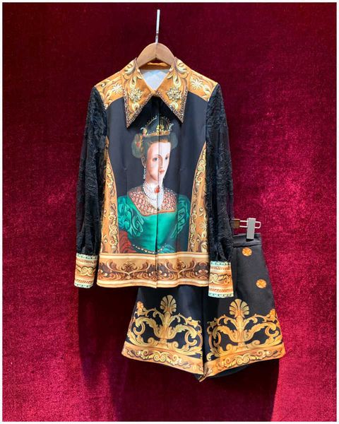 

european and american women's clothing 2020 summer new style long-sleeved beaded vintage printed shirt shorts fashion suits, White