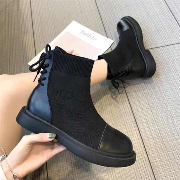 

boots 2021 women's fashion pu leather stitching ladies faux suede flat bottom ankle winter warm comfortable, Black