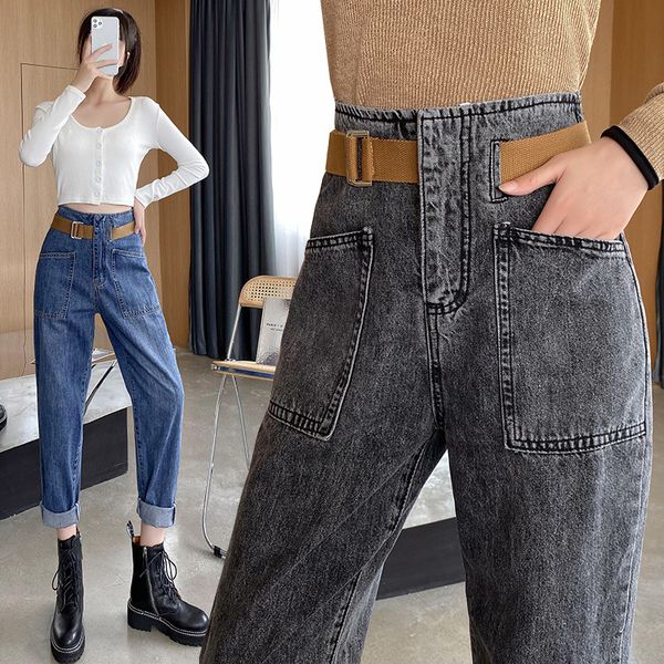 

female brem pants of fashion 2021 spring new simple retro waistline tall casual jeans [with belt] 9fdn, Blue