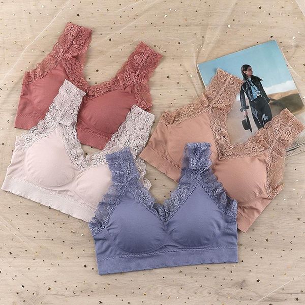 

solid color women tank lace strapless bra wide shoulder underwear female soft padded bralette vest brassiere, Black;white