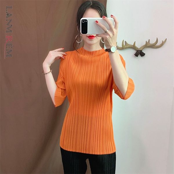 

lanmrem orange stand collar cropped sleeves pleated loose plus woman t-shirt casual wild simple fashion autumn tv736 210623, White