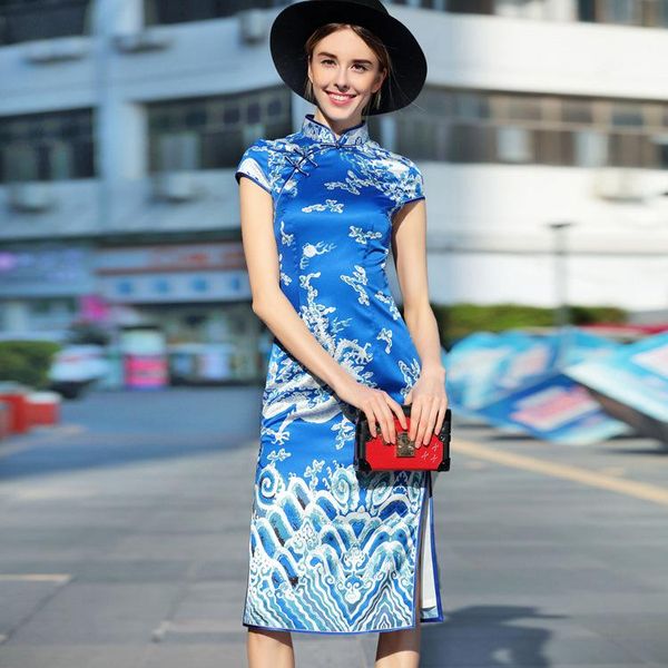 

ethnic clothing blue dragon design party prom dresses modern qipao, Red