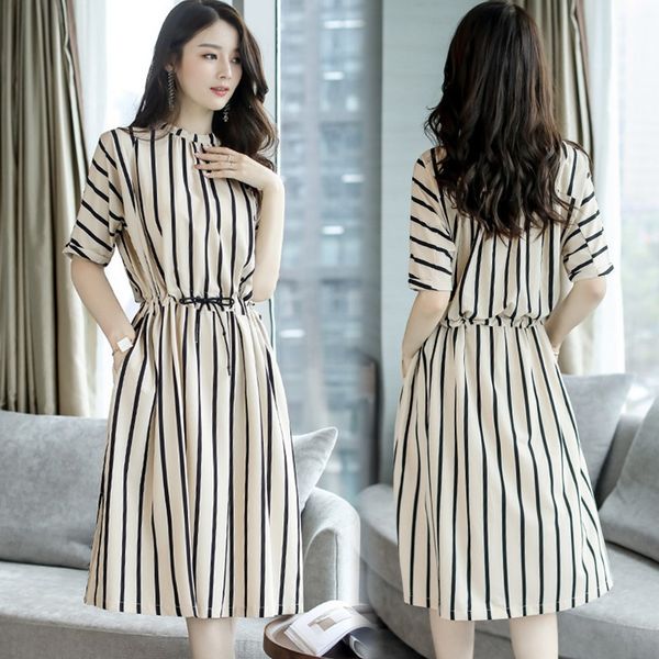

2021 new fashion plus size stripe one-piece dress summer women vestido, White