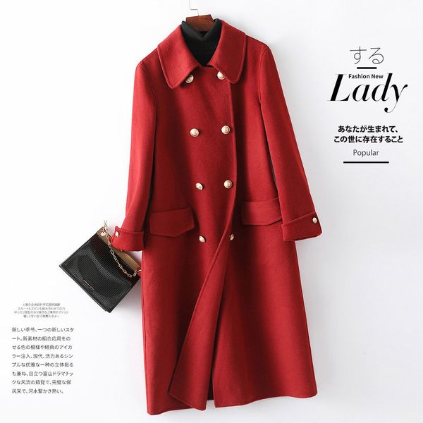 

new women 2021 spring autumn loose long wool coat jacket female double-face cashmere woolen overcoat turn-down collar outerwear a819knwg, Black