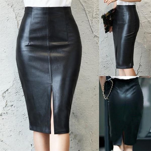 

black pu leather skirt women new midi high waist bodycon split skirt office pencil skirt knee length plus size 210315