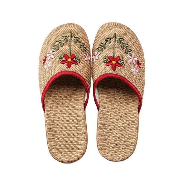 

slippers women breathable flax indoor embroider floral linen home slip on ladies summer non-slip fat beach shoes, Black