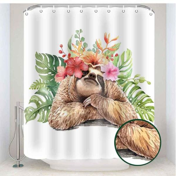 

shower curtains sloth curtain animal tropical plant palm leaves flower watercolor art kids fabric bathroom decoration set with 12 hooks