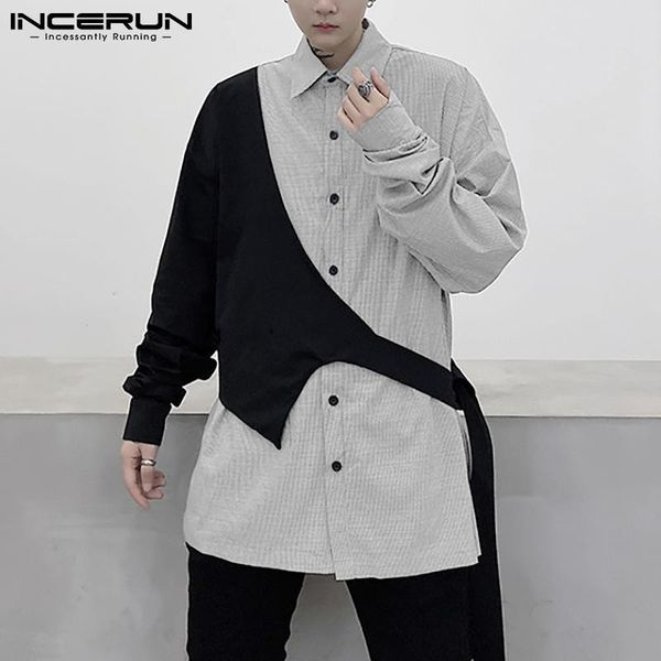 

men's casual shirts 2021 fashion men irregular shirt striped patchwork lapel personality blouse streetwear long sleeve button camisas i, White;black