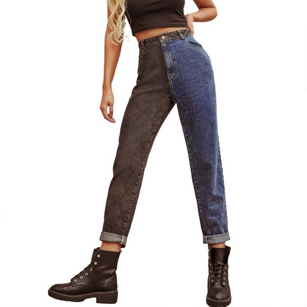 

women fashion high waist color block jeans stylish pants casual trousers for ladies female, Blue