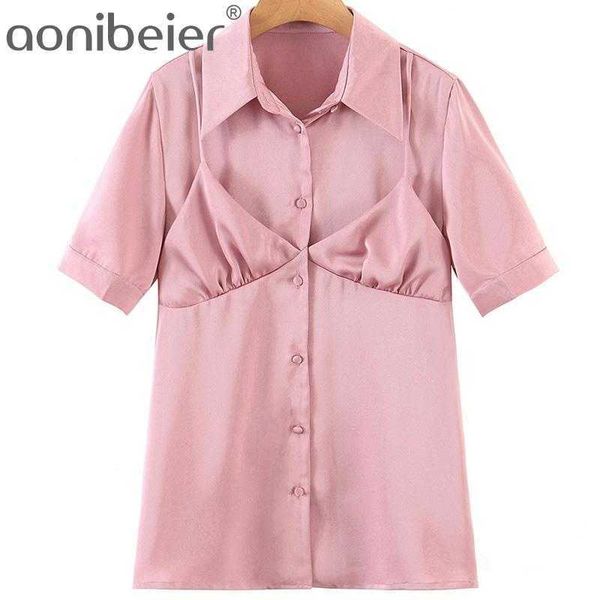 Camicette da donna a manica corta moda estiva Camicette finte in due pezzi con bottoni e risvolti sul retro Camicia a tunica Camicie casual femminili Top 210604