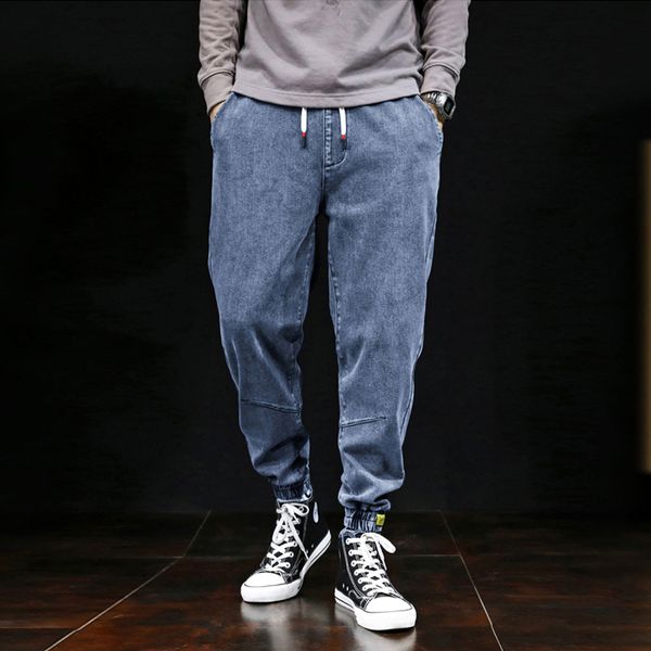 

2021 new autumn winter fashion men jeans japanese style loose fit elastic cargo pants hombre denim harem trousers vintage designer slack bot, Blue