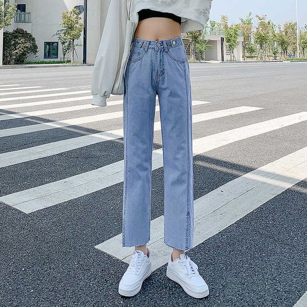 

jeans split straight women's pants summer thin 2021 high waist small casual wide leg, Blue