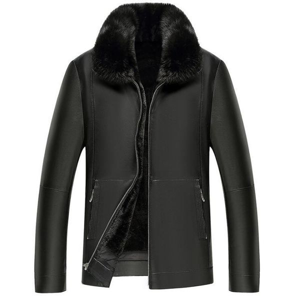 

men's fur & faux 2021 business casual coats natural genuine leather one coat men slim sheepskin raccoon collar winter jackets, Black