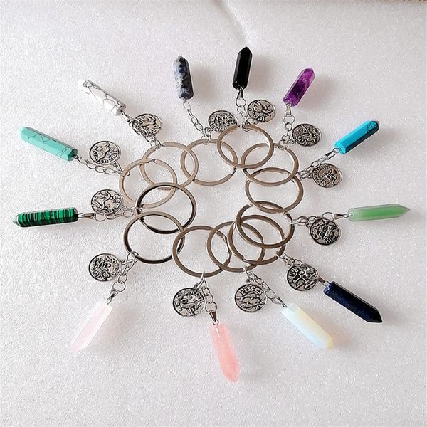 

natural quartz stone keychains rings 12 zodiac signs constellations crystal column hexagon prism pendant fashion car keyring chains charms w, Slivery;golden