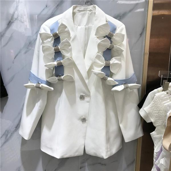 

women's suits & blazers spring autumn coat woman beautiful suit jacket white blazer blue stripe bow patch female outwears femenino 2021, White;black