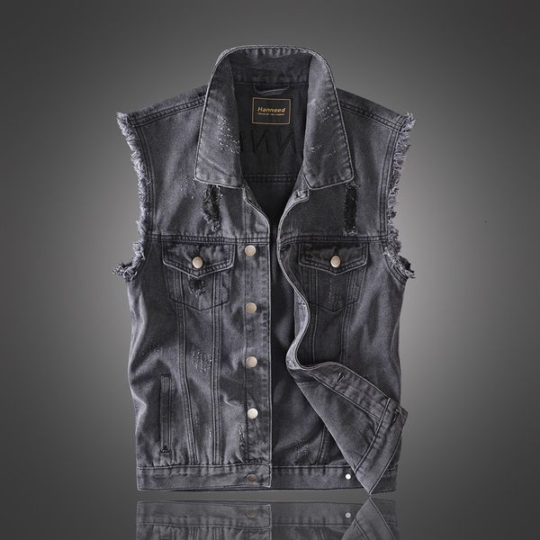 

2021 new fashion streetwear black color destroyed ripped denim vest men sleeveless overall hip hop veste chaqueta hombre zwoq, Black;white