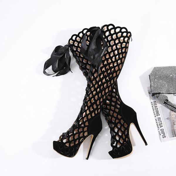 

boots fashion rome style ultra high heels stiletto sandals hollow out over the knee women peep toe lace-up zip platform shoes, Black