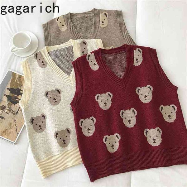 

gagarich women vests spring autumn japanese college style girls v-neck cute cartoon bear embroidery knitted pullovers 210914, White;black