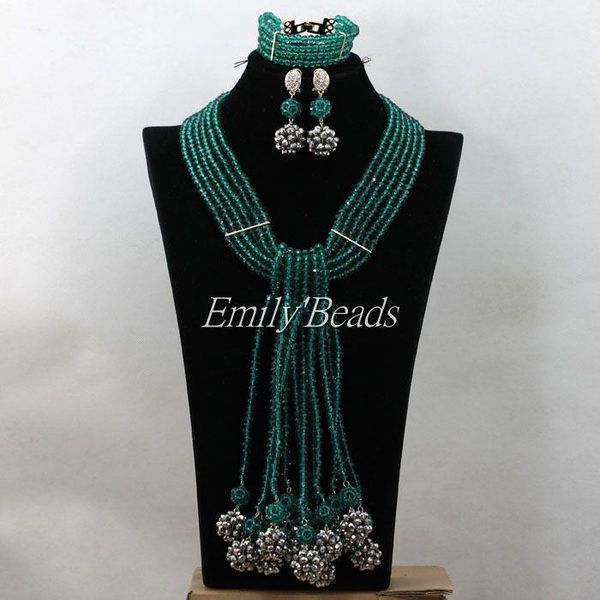 

earrings & necklace 2021 splendid teal green woman gift jewelry set african costume nigerian wedding party beads crystal aij868, Silver