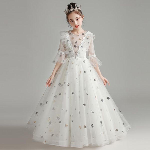

girl's dresses flower girl sequined embroidery o-neck three quarter princess floor-length tulle lace luxury pearls kids party gown h294, Red;yellow