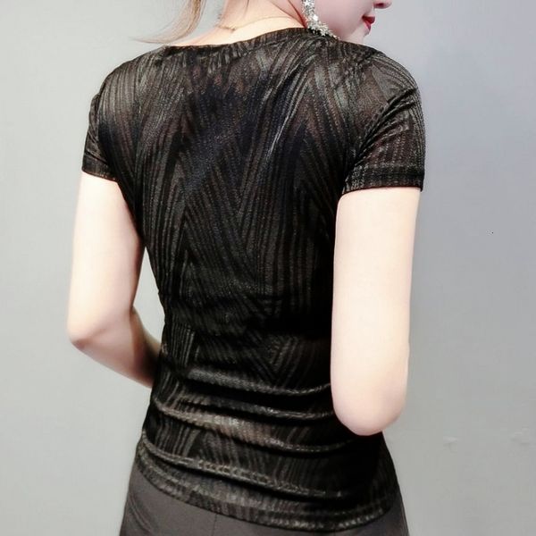 

2021 new summer european clothes t-shirt chic jacquard weave v-neck transparent women ropa mujer shirt short sleeve tees t06314 eb, White