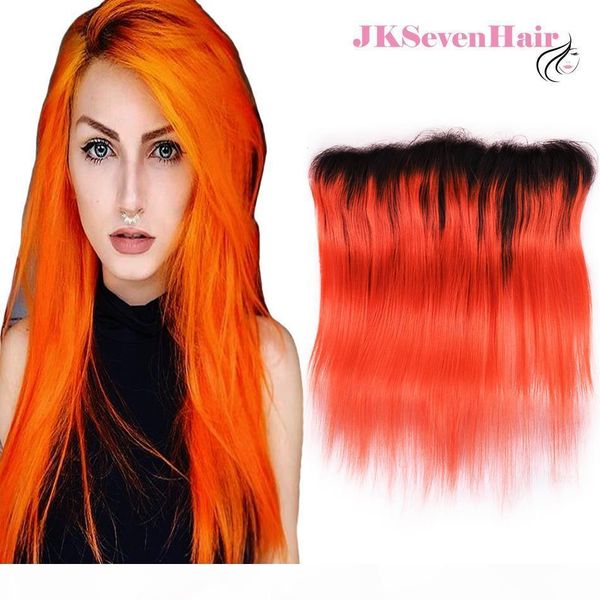 

brazilian straight ombre 1b orange 13x4inch lace frontal two tone orange malaysian peruvian indian middle part three part frontal, Black