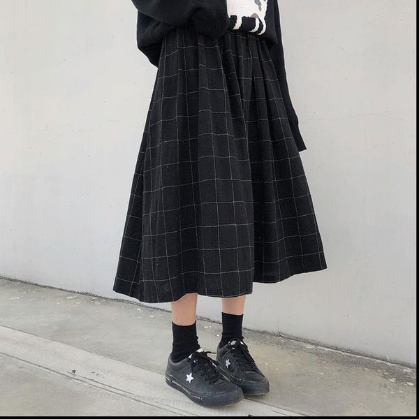 

2 colors japanese style high elastic waist long skirts woman 2021 autumn winter plaid a line pleated skirts womens x1078, Black