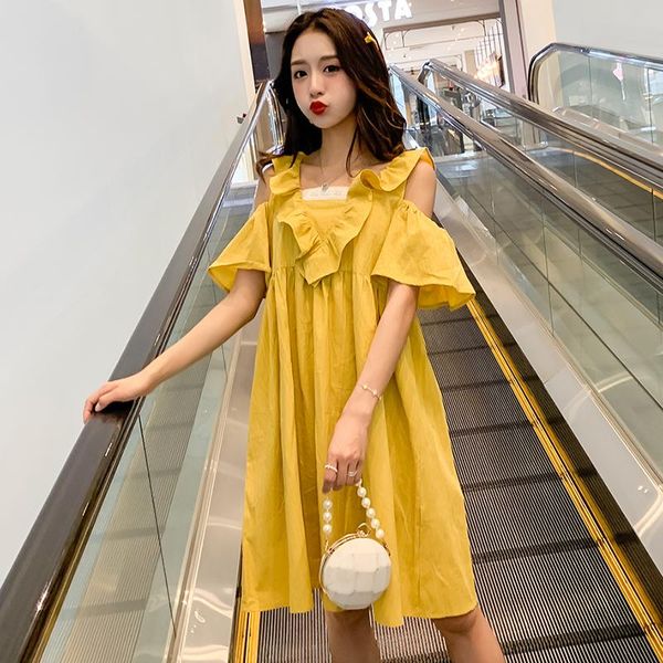 

maternity dresses 008# dress summer short sleeves yellow hollow shoulder easy matching loose stylish pregnant women mom, White