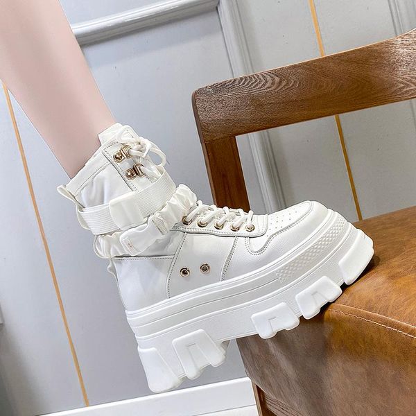 

boots cm spring autumn thick platform lace-up for women 7cm high heel solid round toe cross-tied leisure female shoes, Black