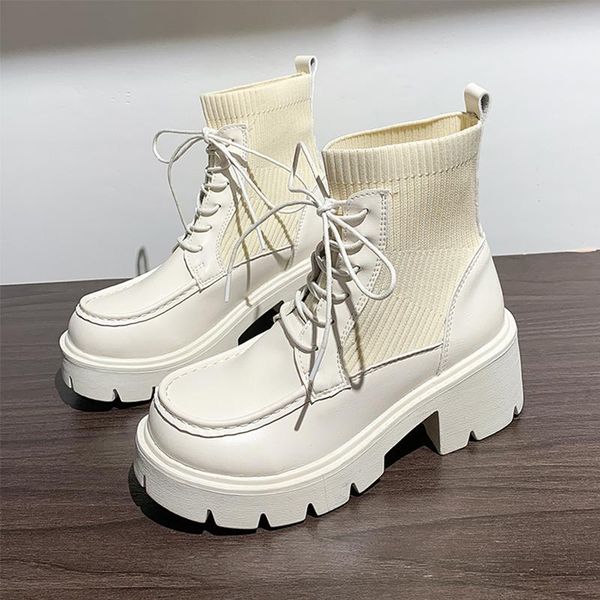 

boots 2021 autumn women sock knitted fabric chunky platform gothic shoes high heels combat ankle black
